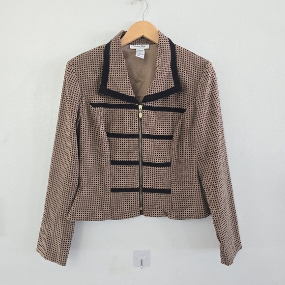 dawn joy Jackets & Blazers - Vtg 90s Y2K Dawn Joy Houndstooth Brown Blazer Women's Sz 7/8 Velvet Office Siren